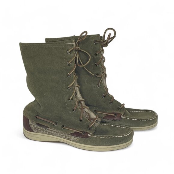 Sperry Top-Sider Olive Green Suede Boots Women's SZ 6 Leather Plaid Lace-Up Boot - Picture 2 of 13